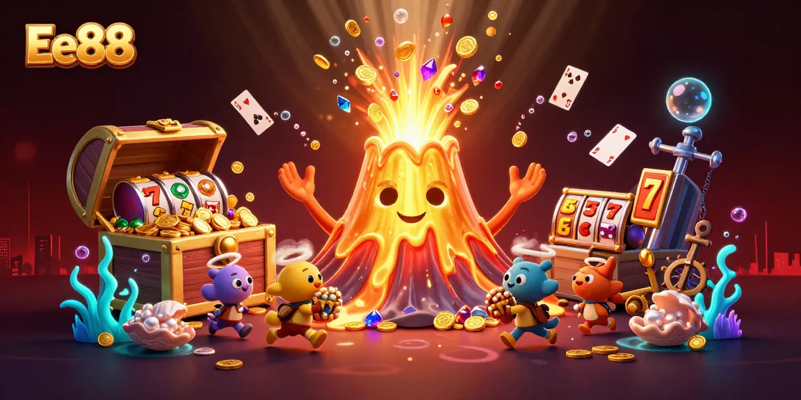 Experience exhilarating wins with Ee88, as a golden volcano erupts with coins and gems in a thrilling casino adventure.
