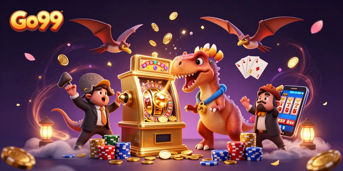 Go99 jackpot scene with cartoon dinosaurs celebrating a slot machine win amidst flying coins.