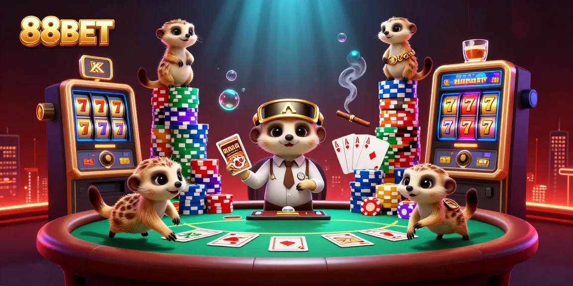 Bettors enjoy slot games at 88BET's vibrant meerkat casino, featuring lively characters and colorful elements.