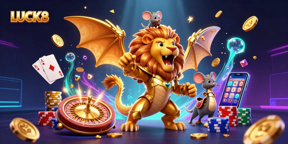 Engage with LUCK8's thrilling casino adventure featuring a triumphant chimera and vibrant game elements.