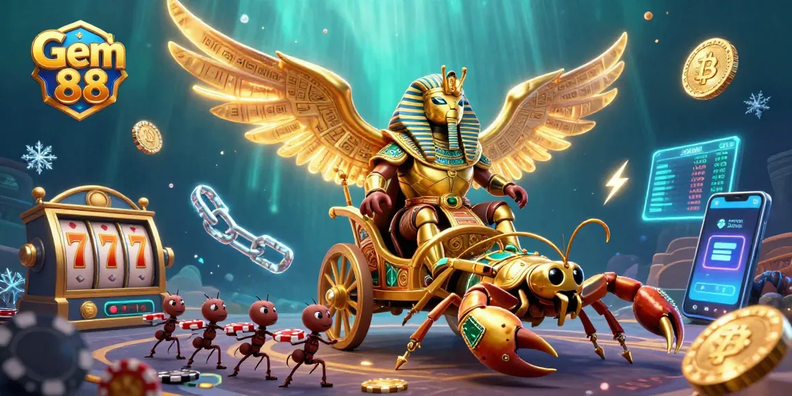 Experience thrilling wins at Gem 88 as the colossal scarab beetle, in a vibrant casino scene, celebrates big jackpots and bonuses.