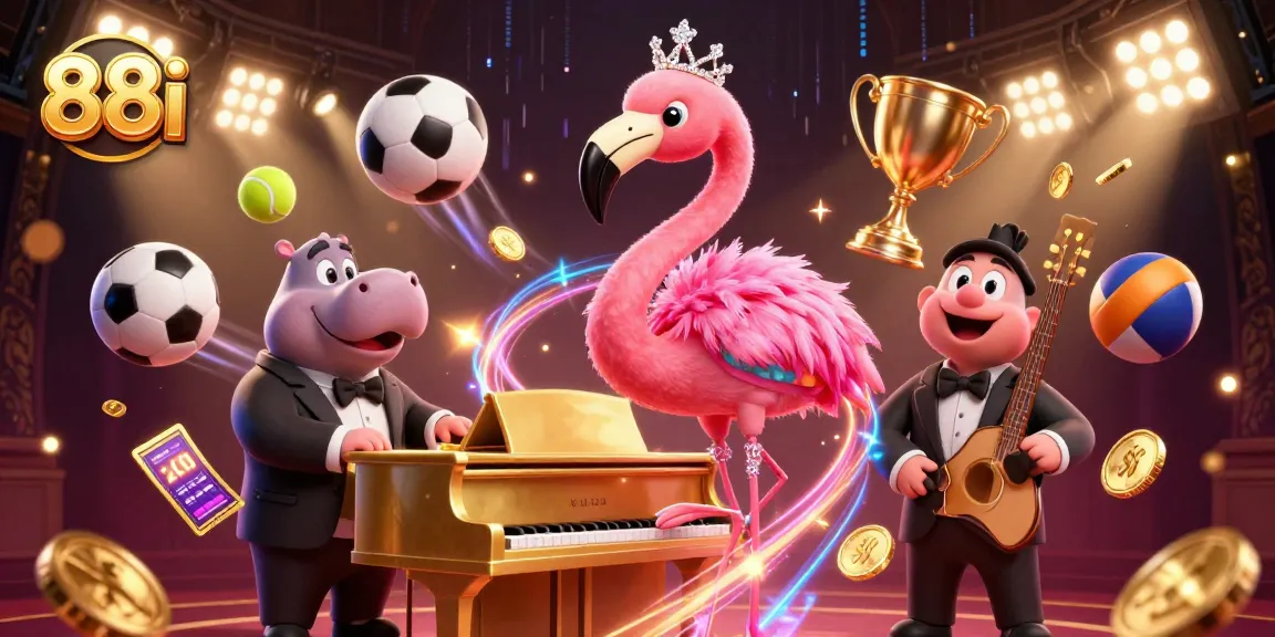 88i players celebrate big wins in a vibrant 3D casino scene filled with sports elements.