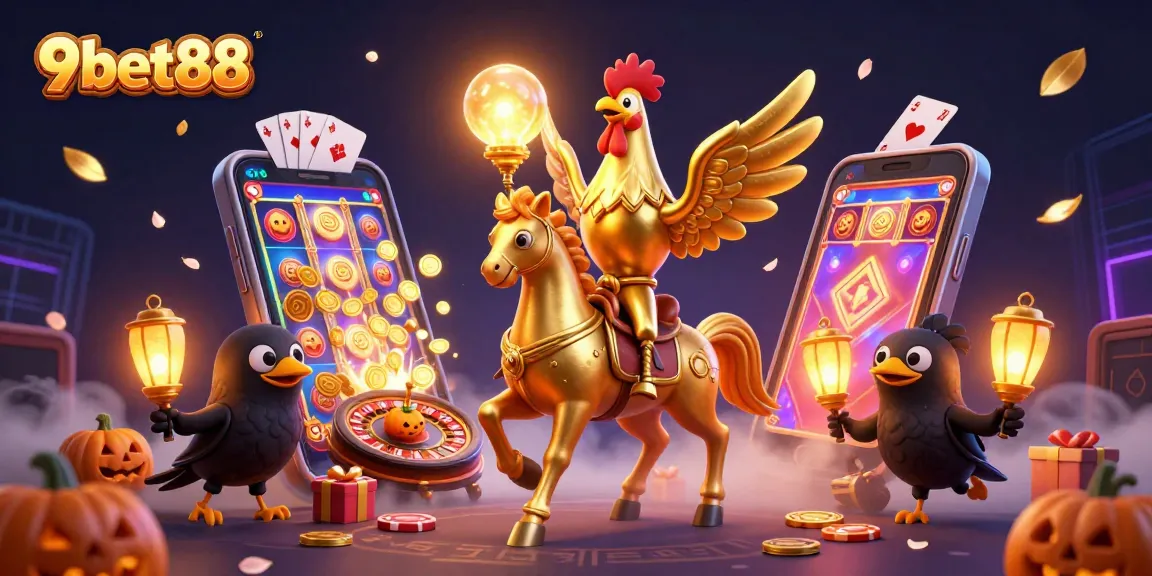 Experience thrilling games at 9bet88 with golden rooster, vibrant casino elements, and winning energy.