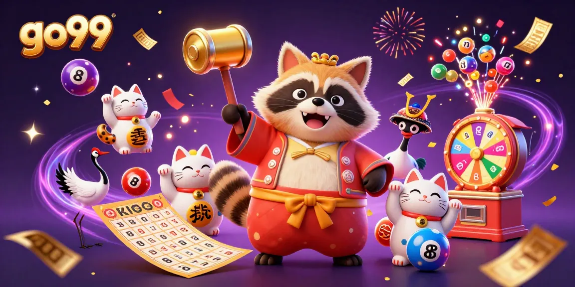 Experience the excitement of go99 with vibrant lottery balls, golden tickets, and cheerful characters celebrating!