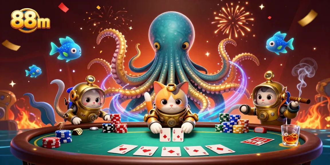 Experience thrilling moments at 88 m with a majestic kraken and poker action in this vibrant illustration.