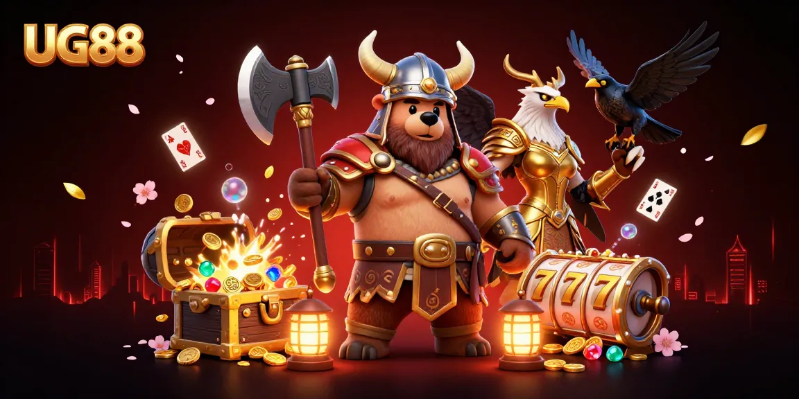 Experience exciting gameplay at UG88 with a 3D Viking bear and Valkyrie eagle in a vibrant casino scene.