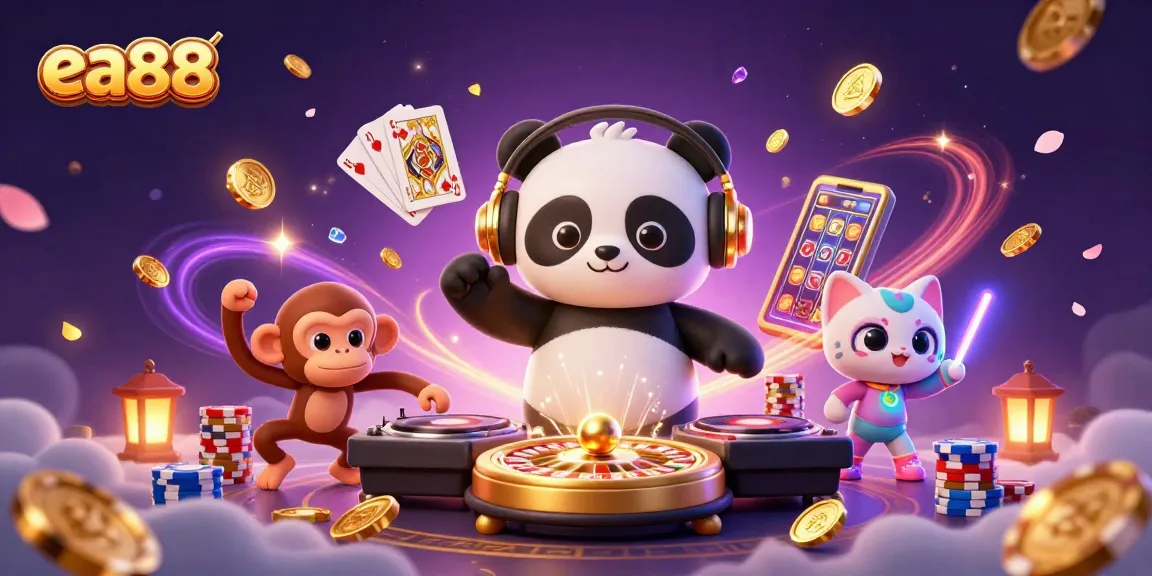 Experience the exciting world of ea88 with a vibrant 3D casino scene featuring a DJ panda and dancing characters.