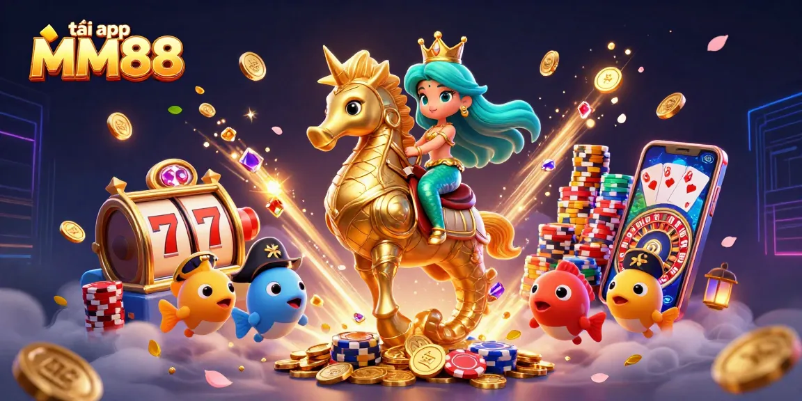 Tải app MM88 for an engaging gaming experience with 3D mermaid and casino elements.