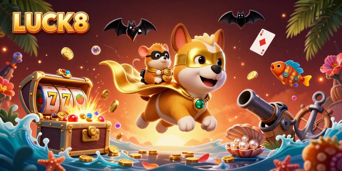LUCK8 features thrilling gaming action with a superhero dog and dynamic casino elements.