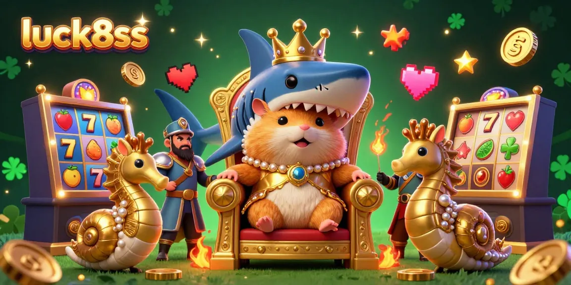 Experience the luck8ss kingdom with a golden hamster king ruling a casino-themed scene.