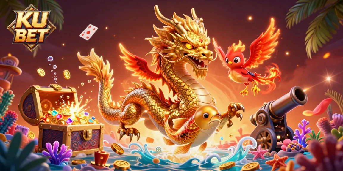 Engage in thrilling gameplay at KU BET with a dazzling scene of a dragon, phoenix, and koi fish amidst casino elements.
