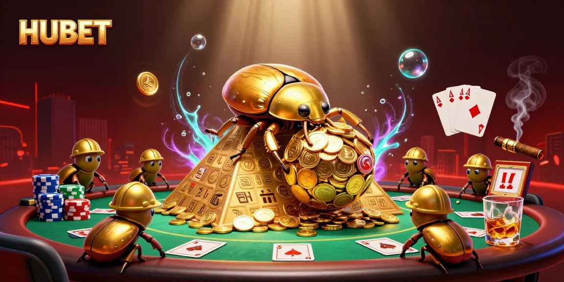 Experience the exciting world of HUBET with cartoon beetles rolling golden coins at a vibrant casino scene.