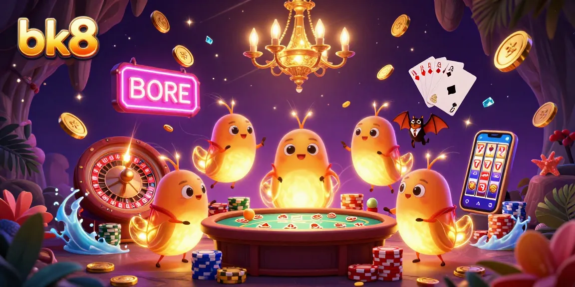 Experience the vibrant bk8 casino scene with animated glowworms, a bat dealer, and swirling game elements