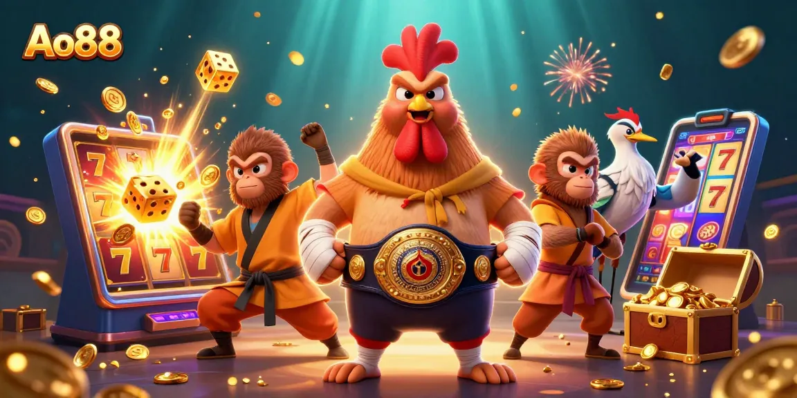 Engage in thrilling gameplay at Ao88 with a dynamic scene of a Muay Thai rooster, a Shaolin monkey, and a crane master amidst a slot machine jackpot.