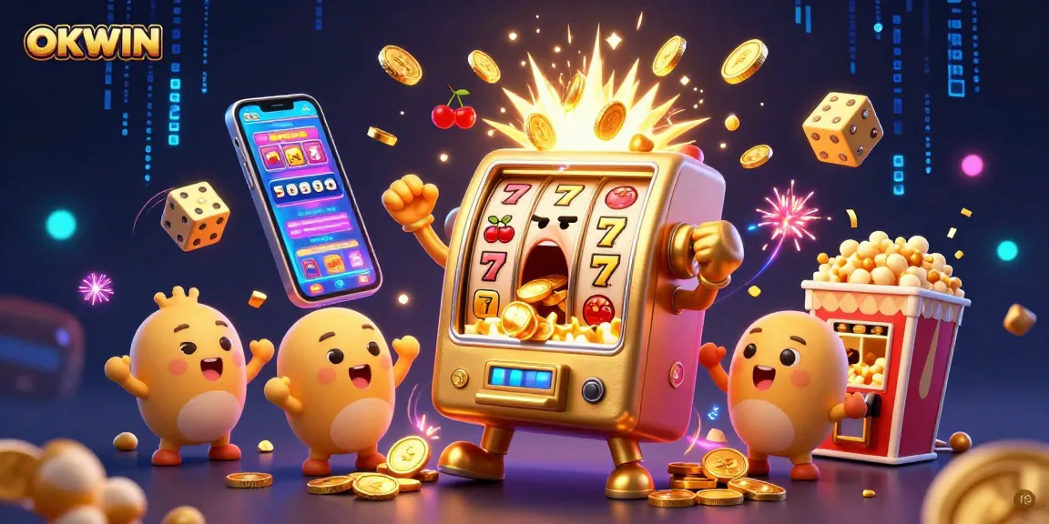Celebrate your winnings with OKWIN's exciting 3D scene featuring a golden slot machine bursting with coins.
