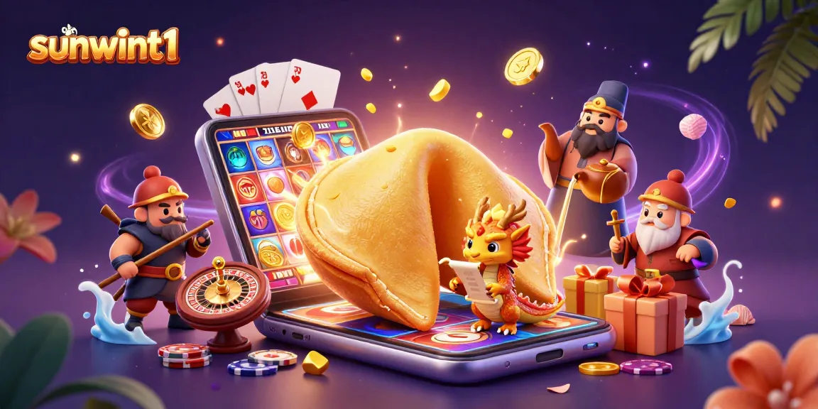 Engage with sunwint1's vibrant scene featuring a golden fortune cookie and dynamic casino action.